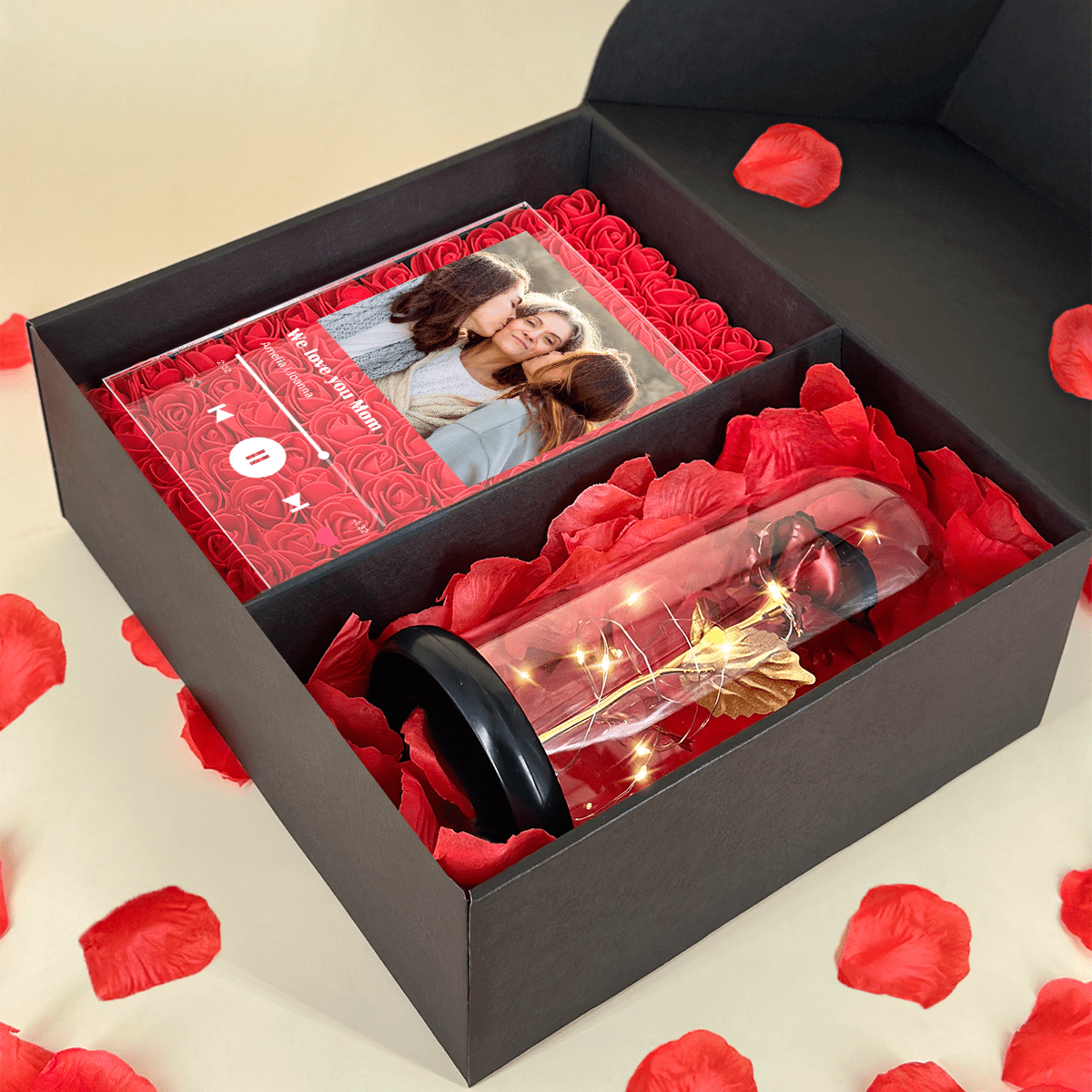 Czerwona wieczna róża + druk na szkle We Love you Mom box 2 w 1 - zestaw prezentowy, spersonalizowany prezent dla mamy - Adamell.pl