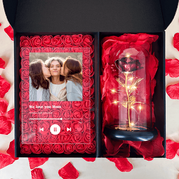 Czerwona wieczna róża + druk na szkle We Love you Mom box 2 w 1 - zestaw prezentowy, spersonalizowany prezent dla mamy - Adamell.pl