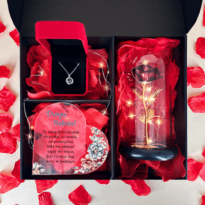 Czerwona wieczna róża + serce DLA BABCI + wisiorek box 3 w 1 - zestaw prezentowy, spersonalizowany prezent dla babci - Adamell.pl