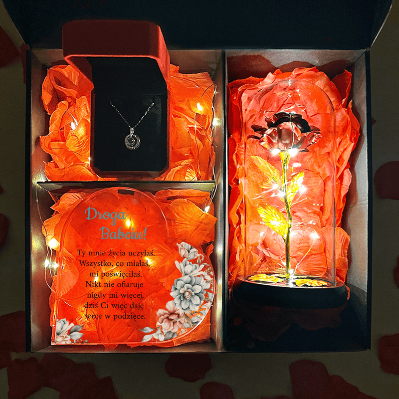 Czerwona wieczna róża + serce DLA BABCI + wisiorek box 3 w 1 - zestaw prezentowy, spersonalizowany prezent dla babci - Adamell.pl