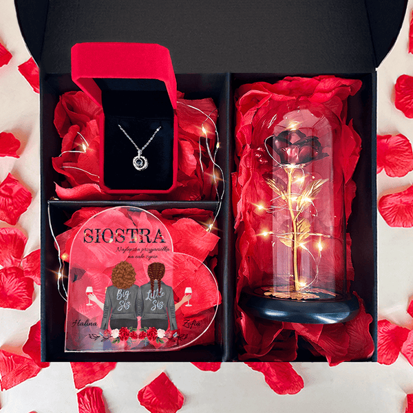 Czerwona wieczna róża + serce DLA MOJEJ SIOSTRY + wisiorek box 3 w 1 - zestaw prezentowy, spersonalizowany prezent dla siostry - Adamell.pl