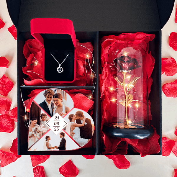 Czerwona wieczna róża + serce DLA PARY + wisiorek box 3 w 1 - zestaw prezentowy, spersonalizowany prezent dla pary - Adamell.pl