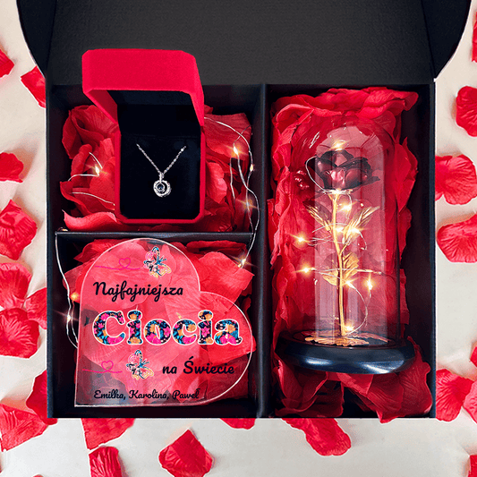 Czerwona wieczna róża + serce NAJFAJNIEJSZA CIOCIA + wisiorek box 3 w 1 - zestaw prezentowy, spersonalizowany prezent dla cioci - Adamell.pl