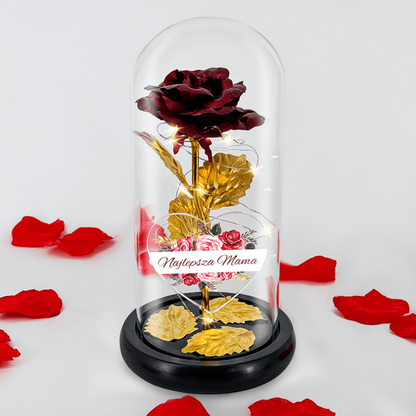Czerwono - złota róża LED w szkle + spersonalizowane serce JESTEŚ NAJLEPSZA - Adamell.pl