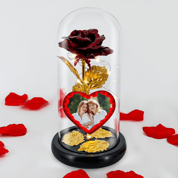 Czerwono - złota róża wieczna LED w szkle + spersonalizowane serce MAMA i CÓRKA - Adamell.pl