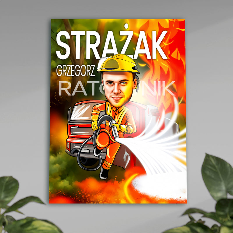 Karykatura strażaka - plakat, spersonalizowany prezent dla strażaka