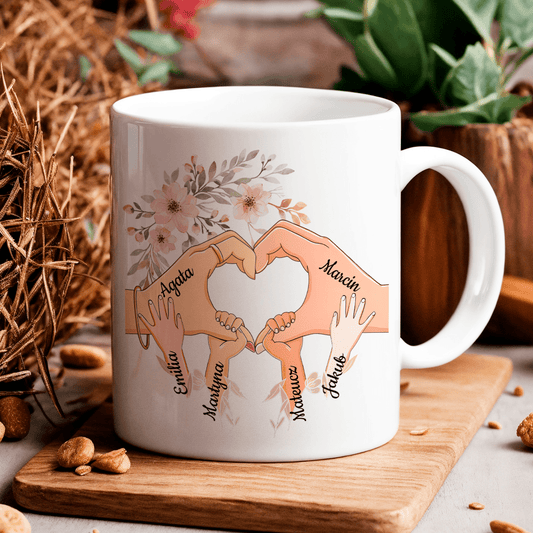 Dłonie całej rodziny - 1x Kubek z nadrukiem, spersonalizowany prezent dla mamy - Adamell.pl