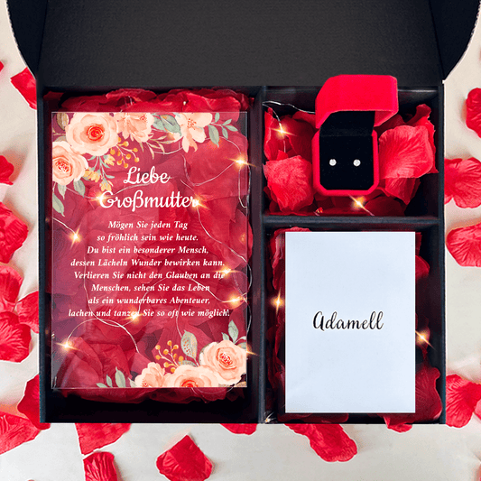 Droga Babciu druk na szkle + kolczyki box 2 w 1 - zestaw prezentowy box, spersonalizowany prezent dla babci - Adamell.pl