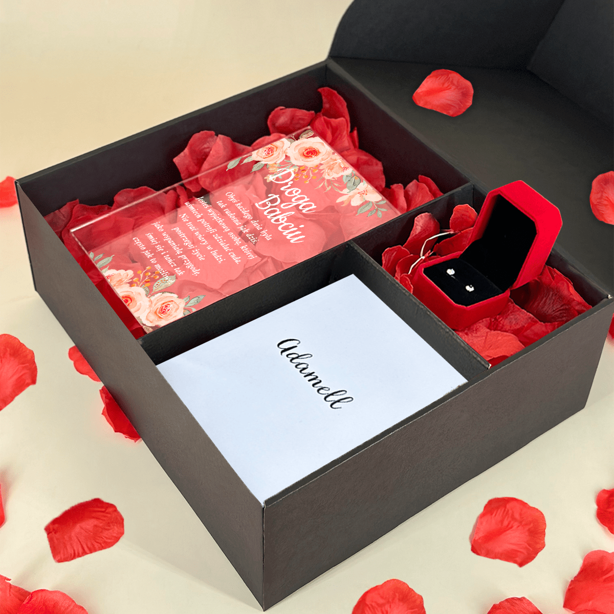 Droga Babciu druk na szkle + kolczyki box 2 w 1 - zestaw prezentowy box, spersonalizowany prezent dla babci - Adamell.pl