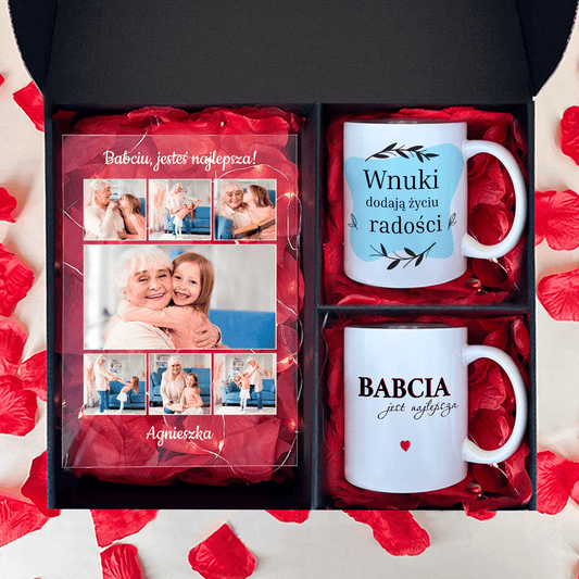 Druk na szkle + 2 kubki BABCIA JEST NAJLEPSZA - zestaw prezentowy 2 w 1, spersonalizowany prezent dla babci - Adamell.pl