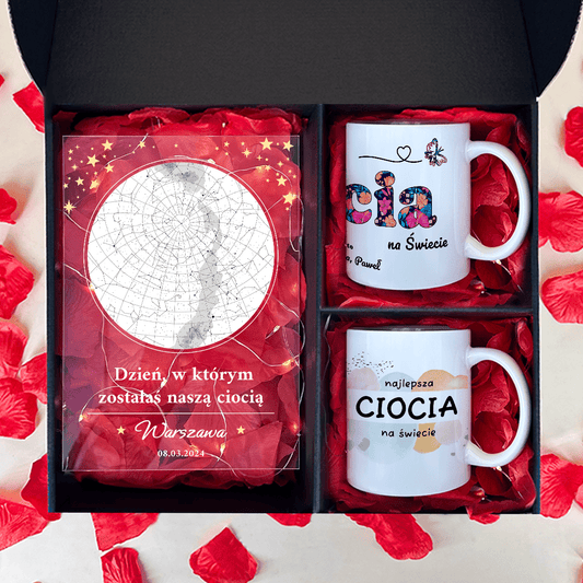 Druk na szkle + 2 kubki MAPA GWIAZD - zestaw prezentowy 2 w 1, spersonalizowany prezent dla cioci - Adamell.pl