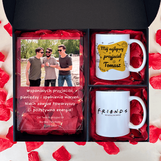 Druk na szkle + 2 kubki MÓJ PRZYJACIEL - zestaw prezentowy 2 w 1, spersonalizowany prezent dla przyjaciela - Adamell.pl