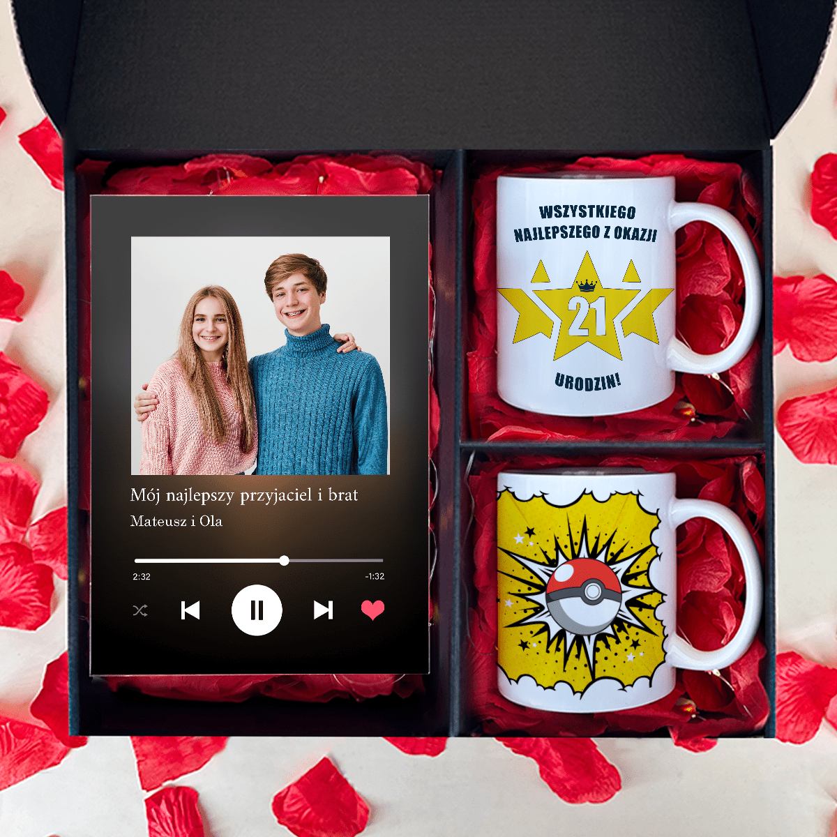 Druk na szkle + 2 kubki NA 21. URODZINY - zestaw prezentowy 2 w 1, spersonalizowany prezent na urodziny - Adamell.pl