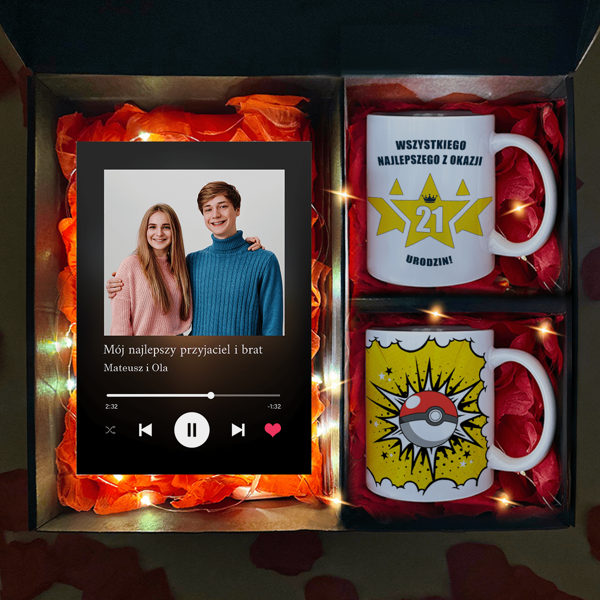 Druk na szkle + 2 kubki NA 21. URODZINY - zestaw prezentowy 2 w 1, spersonalizowany prezent na urodziny - Adamell.pl