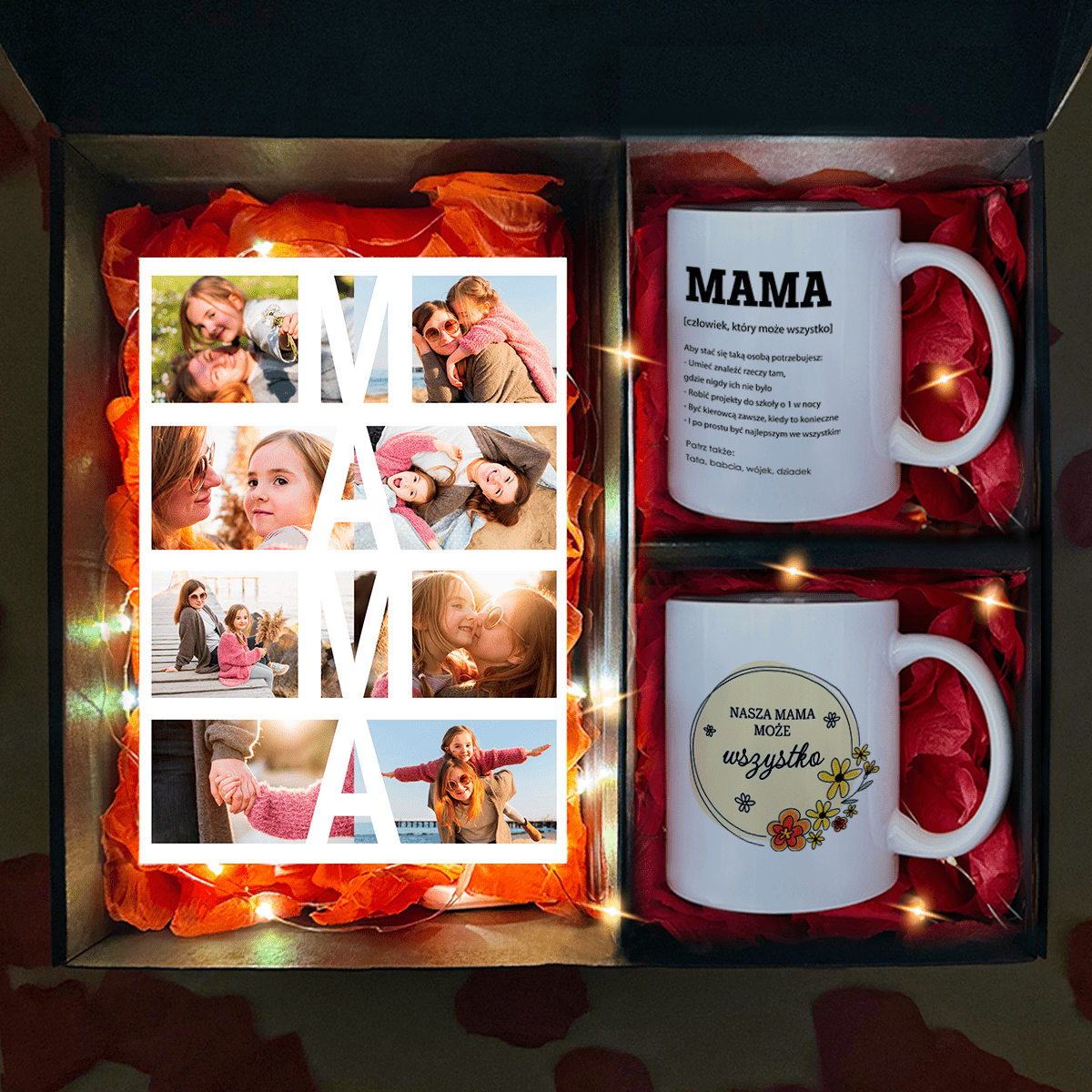 Druk na szkle + 2 kubki NASZA MAMA - zestaw prezentowy 2 w 1, spersonalizowany prezent dla mamy - Adamell.pl