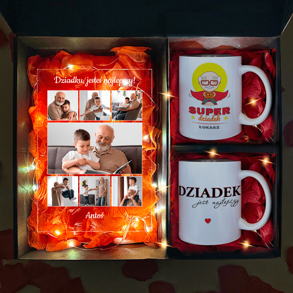 Druk na szkle + 2 kubki SUPER DZIADEK - zestaw prezentowy 2 w 1, spersonalizowany prezent dla dziadka - Adamell.pl