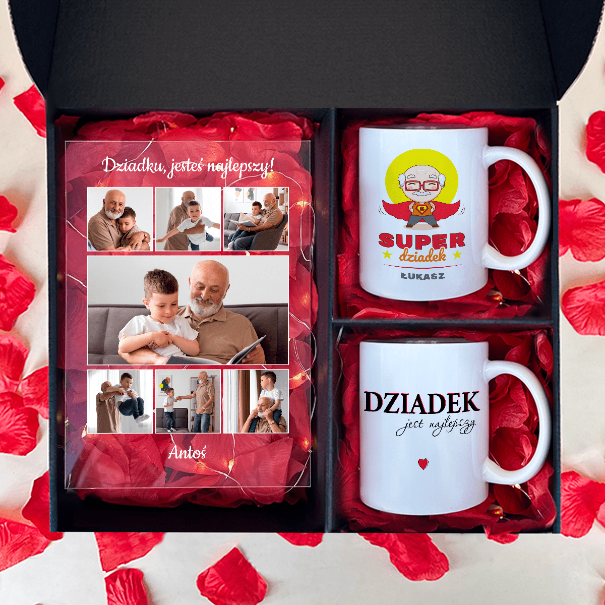 Druk na szkle + 2 kubki SUPER DZIADEK - zestaw prezentowy 2 w 1, spersonalizowany prezent dla dziadka - Adamell.pl