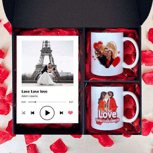 Druk na szkle + 2 kubki TERAZ I NA ZAWSZE - zestaw prezentowy 2 w 1, spersonalizowany prezent dla pary - Adamell.pl