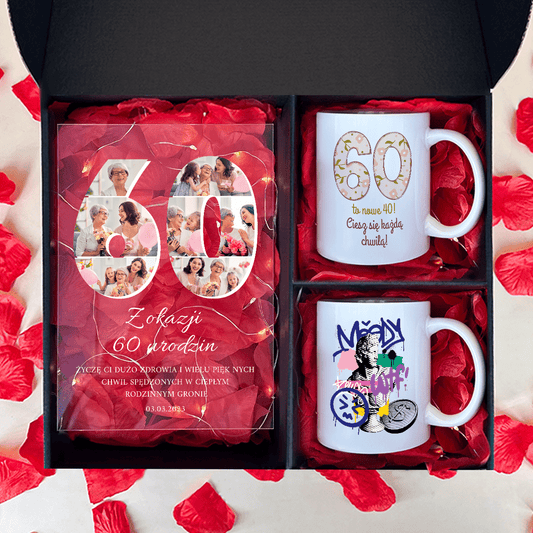 Druk na szkle + 2 kubki Z OKAZJI 60. URODZIN - zestaw prezentowy 2 w 1, spersonalizowany prezent na 60. urodziny - Adamell.pl