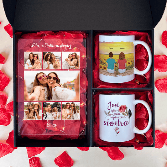 Druk na szkle + 2 kubki Z SIOSTRĄ NAJLEPIEJ - zestaw prezentowy 2 w 1, spersonalizowany prezent dla siostry - Adamell.pl