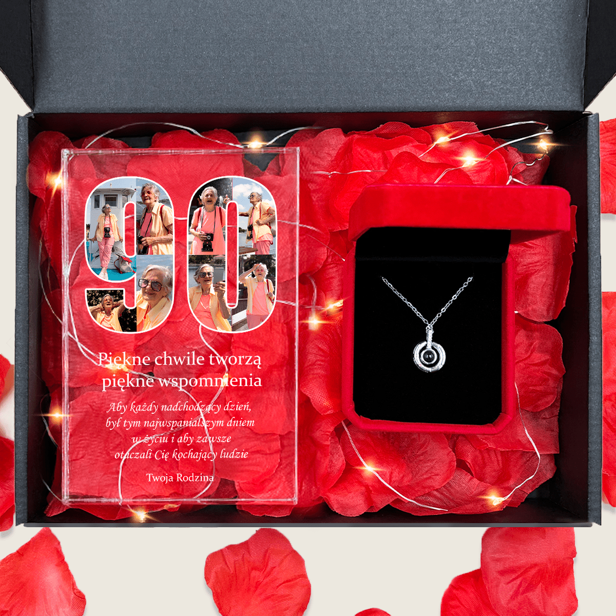 Druk na szkle 90 URODZINY + wisiorek box 2 w 1 - zestaw prezentowy, spersonalizowany prezent na urodziny - Adamell.pl