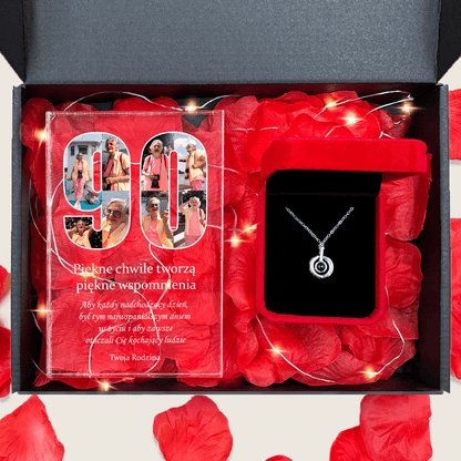 Druk na szkle 90 URODZINY + wisiorek box 2 w 1 - zestaw prezentowy, spersonalizowany prezent na urodziny - Adamell.pl