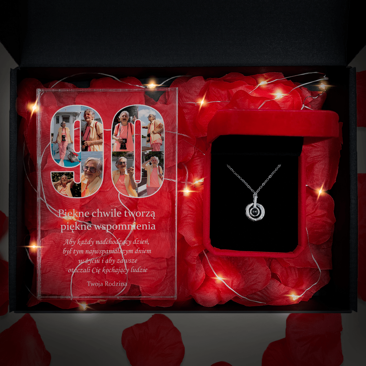 Druk na szkle 90 URODZINY + wisiorek box 2 w 1 - zestaw prezentowy, spersonalizowany prezent na urodziny - Adamell.pl