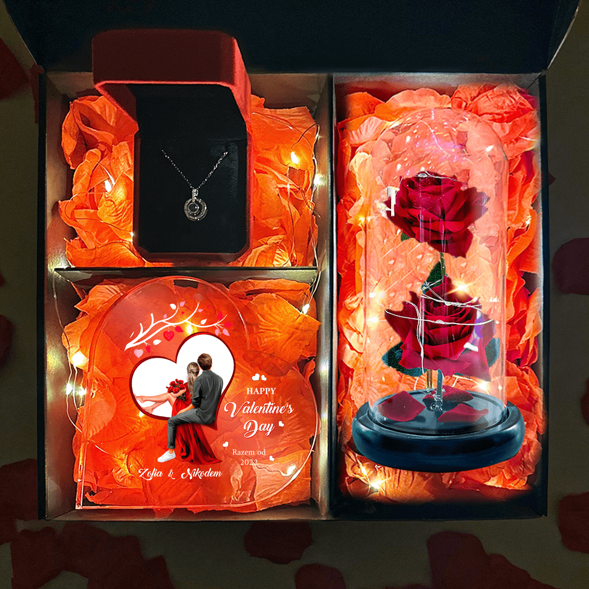 Druk na szkle HAPPY VALENTINE'S DAY + wieczna róża + wisiorek - zestaw prezentowy 3 w 1, spersonalizowany prezent dla niej - Adamell.pl