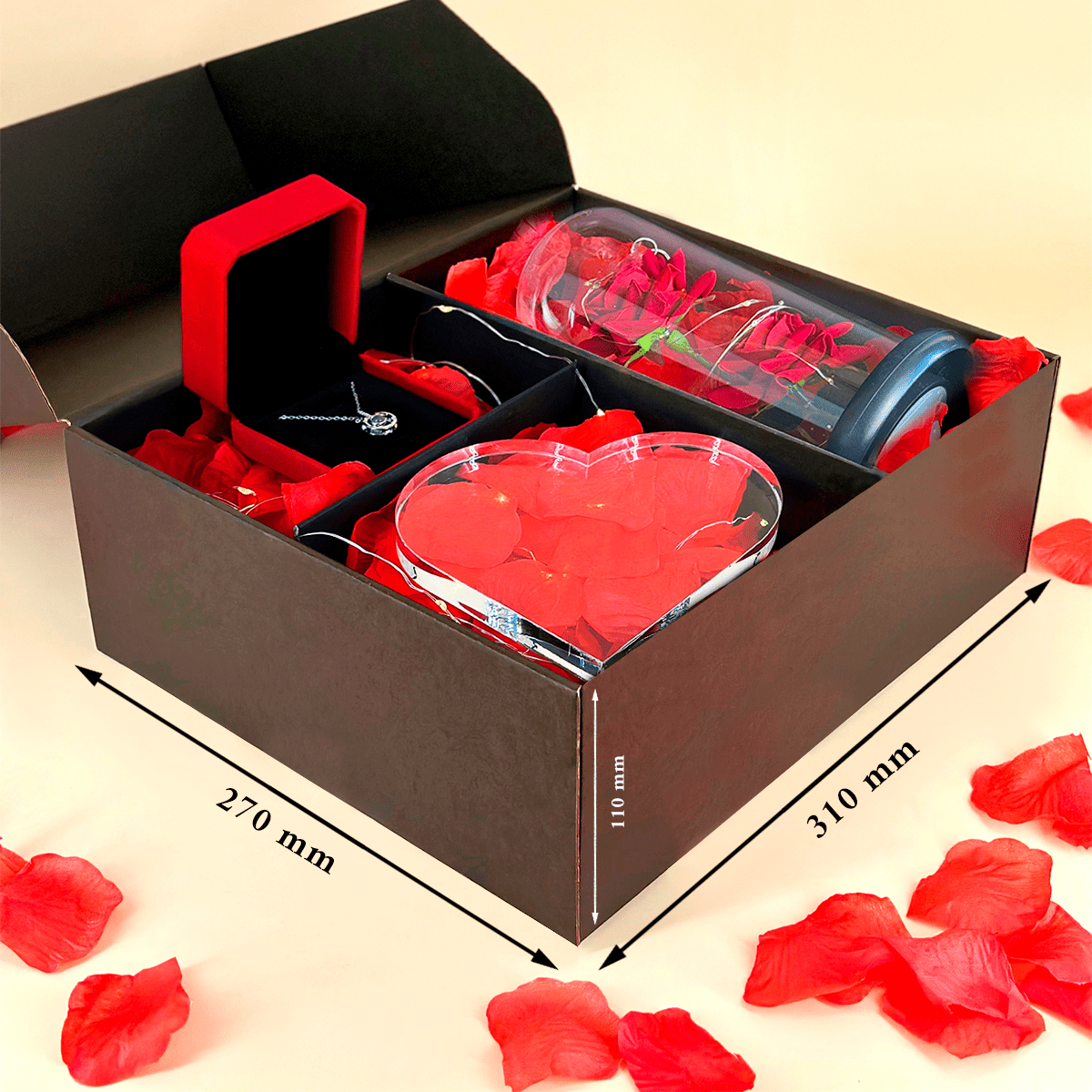 Druk na szkle HAPPY VALENTINE'S DAY + wieczna róża + wisiorek - zestaw prezentowy 3 w 1, spersonalizowany prezent dla niej - Adamell.pl