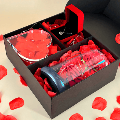 Druk na szkle HAPPY VALENTINE'S DAY + wieczna róża + wisiorek - zestaw prezentowy 3 w 1, spersonalizowany prezent dla niej - Adamell.pl
