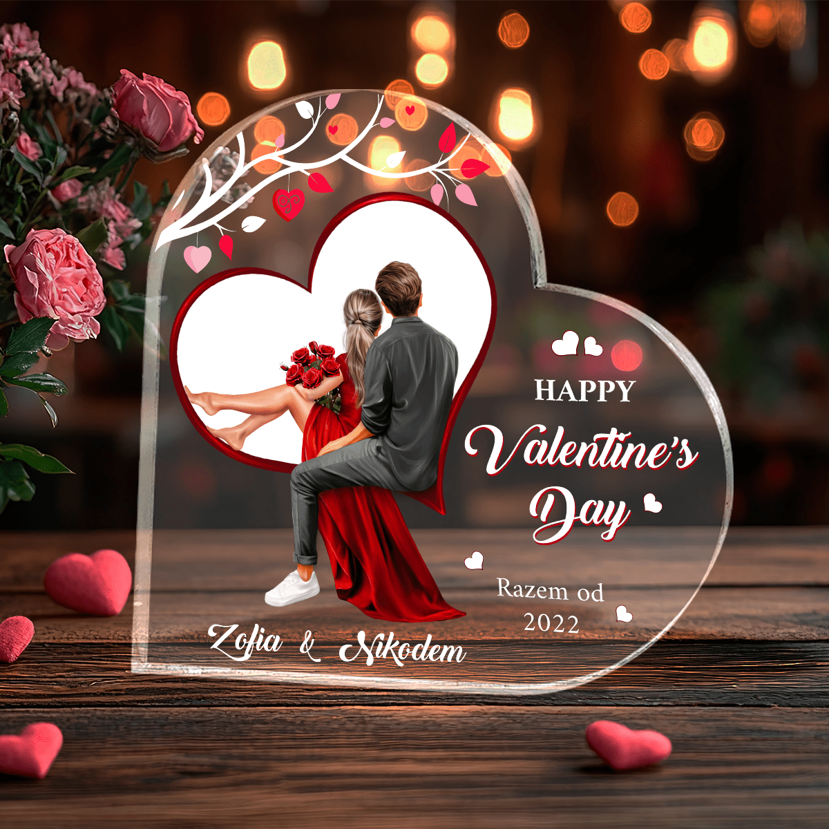 Druk na szkle HAPPY VALENTINE'S DAY + wieczna róża + wisiorek - zestaw prezentowy 3 w 1, spersonalizowany prezent dla niej - Adamell.pl