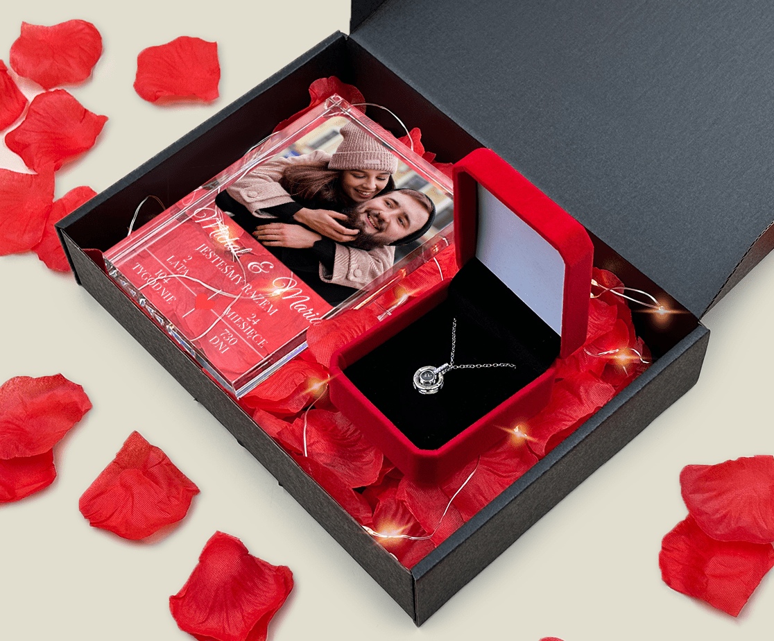 Druk na szkle JESTEŚMY RAZEM + wisiorek box 2 w 1 - zestaw prezentowy, spersonalizowany prezent dla niej - Adamell.pl