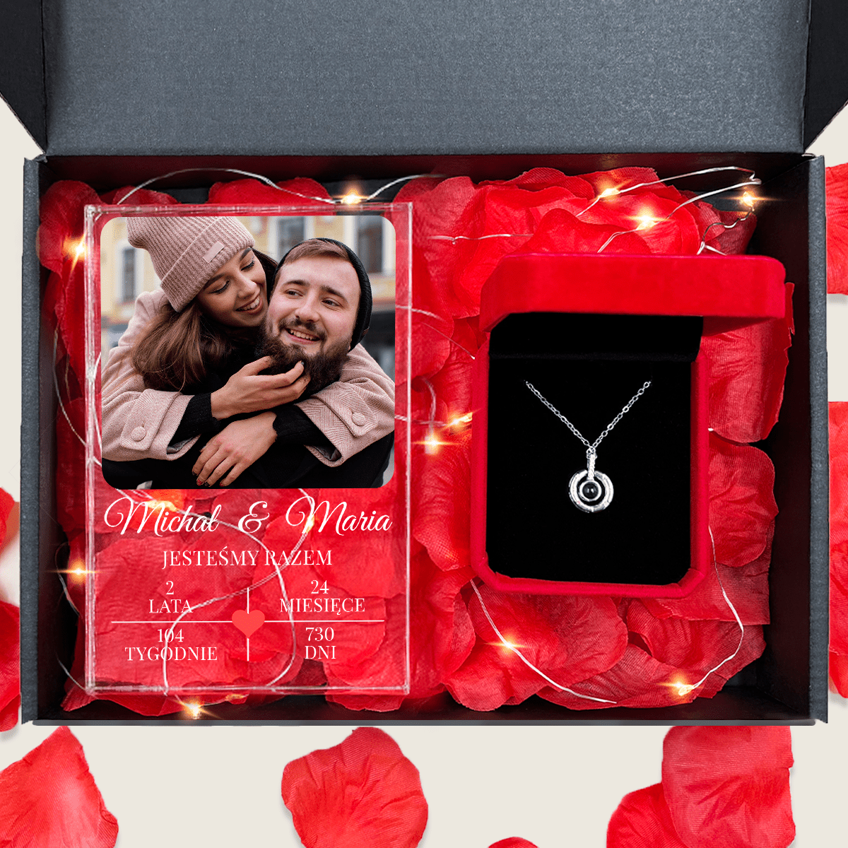 Druk na szkle JESTEŚMY RAZEM + wisiorek box 2 w 1 - zestaw prezentowy, spersonalizowany prezent dla niej - Adamell.pl