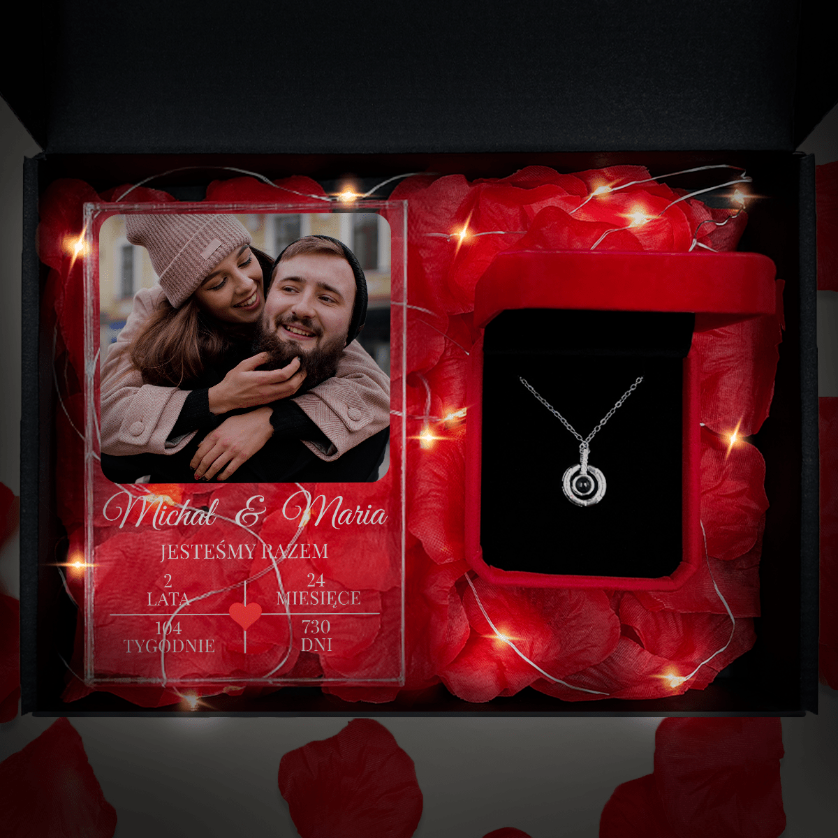 Druk na szkle JESTEŚMY RAZEM + wisiorek box 2 w 1 - zestaw prezentowy, spersonalizowany prezent dla niej - Adamell.pl
