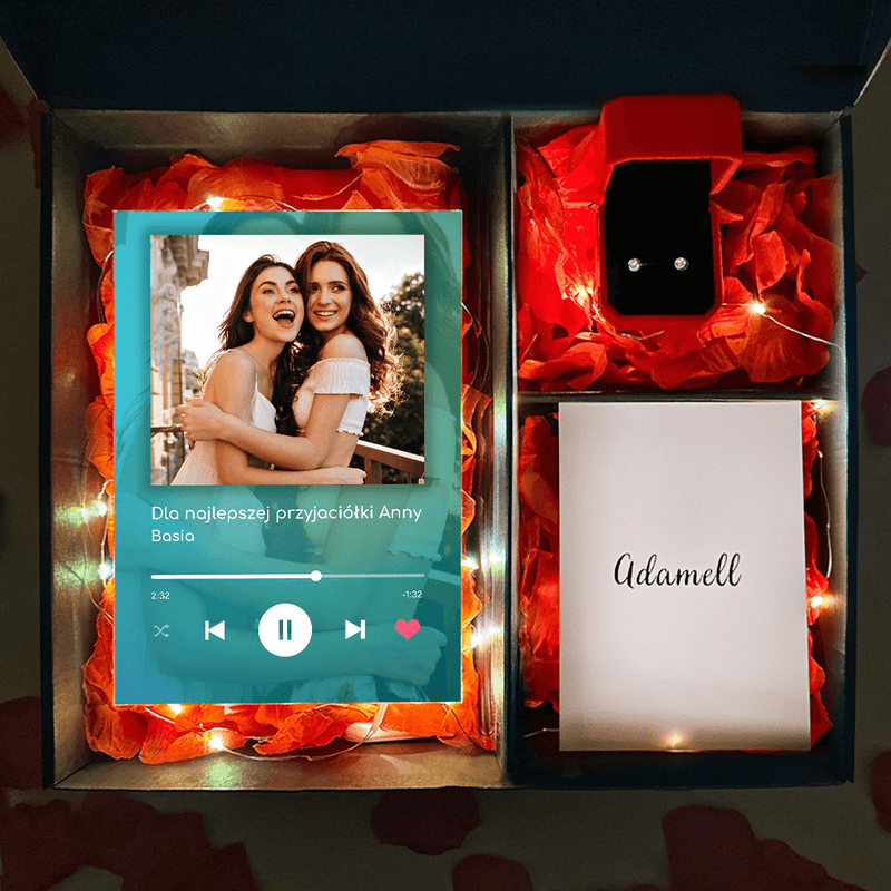 Druk na szkle Spotify Przyjaciółka + kolczyki box 2 w 1 - zestaw prezentowy box, spersonalizowany prezent dla przyjaciółki - Adamell.pl