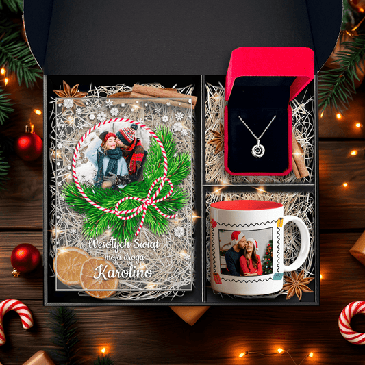Druk na szkle + wisiorek + kubek ŚWIĘTA - zestaw prezentowy 3 w 1, spersonalizowany prezent dla dziewczyny - Adamell.pl