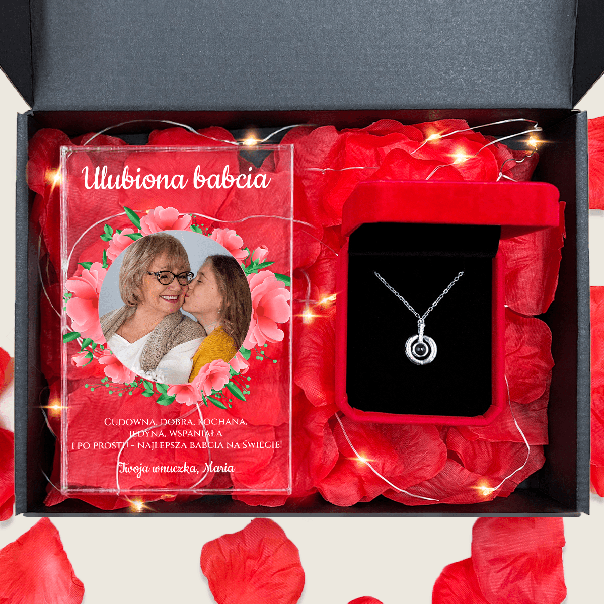Druk na szkle WSPANIAŁA BABCIA + wisiorek box 2 w 1 - zestaw prezentowy, spersonalizowany prezent dla babci - Adamell.pl