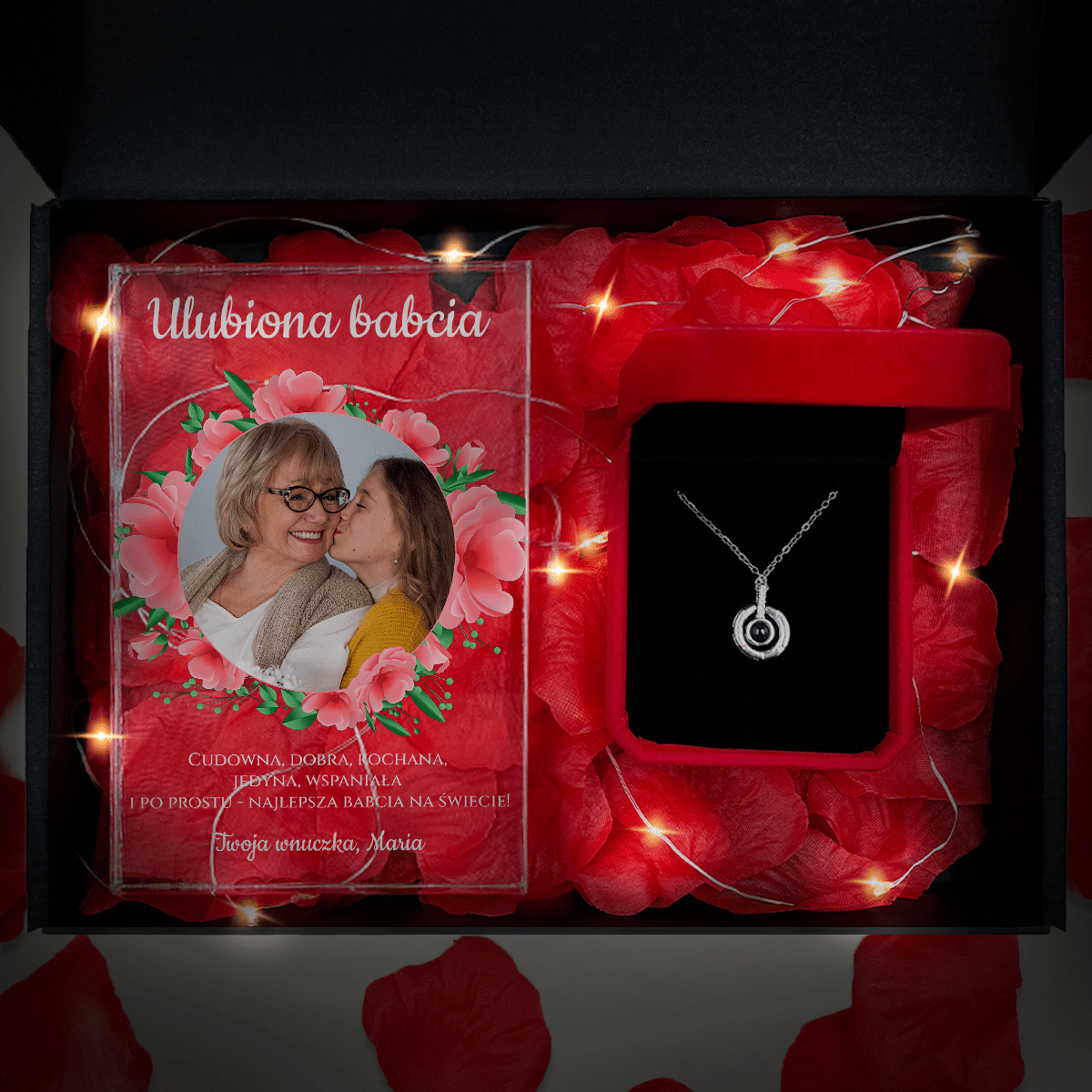 Druk na szkle WSPANIAŁA BABCIA + wisiorek box 2 w 1 - zestaw prezentowy, spersonalizowany prezent dla babci - Adamell.pl