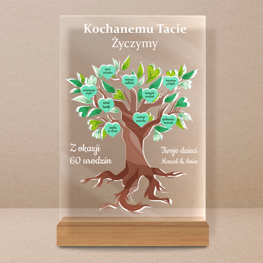 Drzewo życzeń na 60. urodziny taty - Druk na szkle, spersonalizowany prezent dla taty