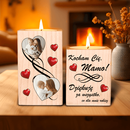 Dwa serca + podziękowania dla mamy - 2 x Drewniany świecznik, spersonalizowany prezent dla mamy - Adamell.pl