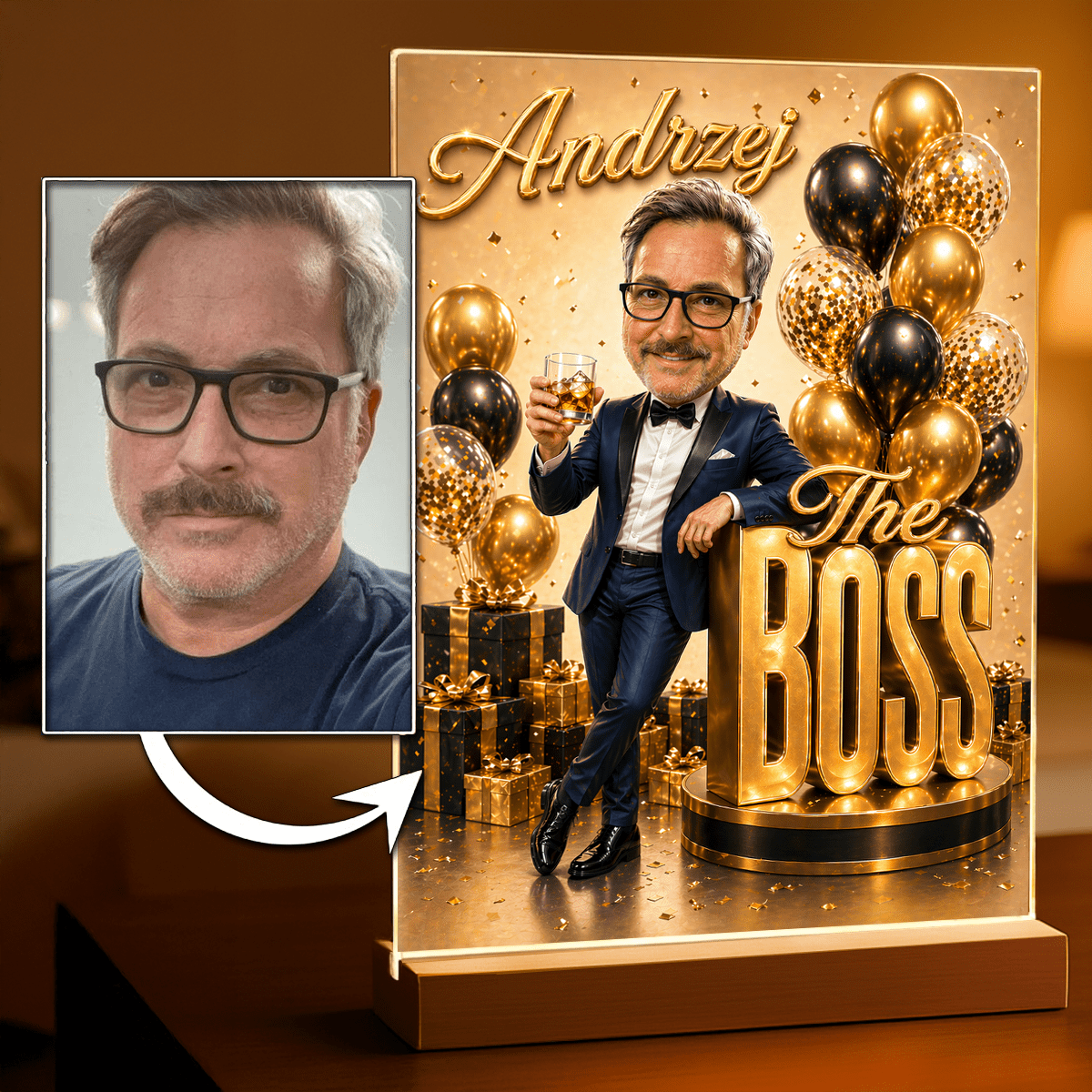 Dziadek boss ilustracja - Druk na szkle, spersonalizowany prezent dla dziadka - Adamell.pl