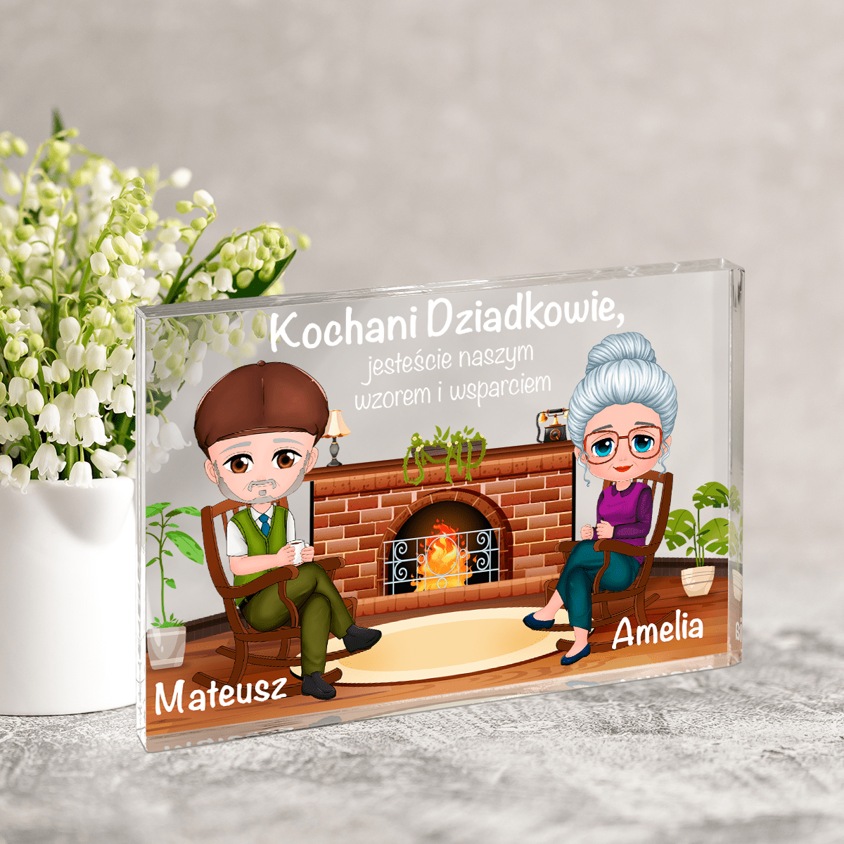 Dziadkowie przy kominku Clipart - Druk na szkle, spersonalizowany prezent dla dziadków - Adamell.pl
