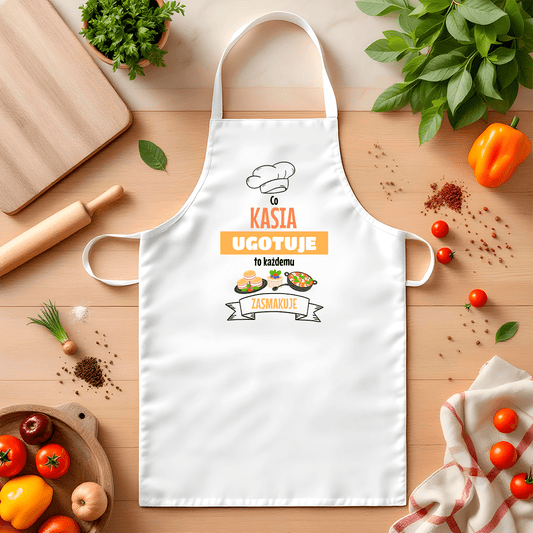 Fartuch kuchenny z nadrukiem KAŻDEMU ZASMAKUJE - spersonalizowany prezent dla niej - Adamell.pl