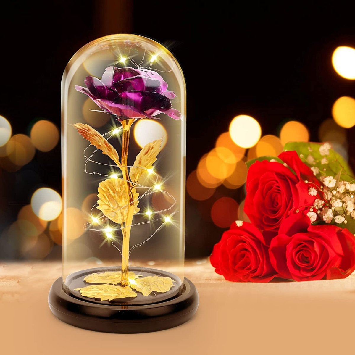 Fioletowa Wieczna świecąca róża w szkle, Kreatywny, nowoczesne prezent dla przyszłej oraz młodej mamy, dla dwojga, nowożeńców, na komunie, urodzinowy - Adamell.pl