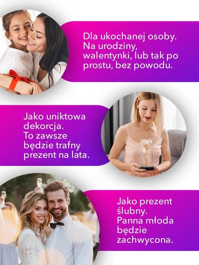 Fioletowa Wieczna świecąca róża w szkle, Kreatywny, nowoczesne prezent dla przyszłej oraz młodej mamy, dla dwojga, nowożeńców, na komunie, urodzinowy - Adamell.pl