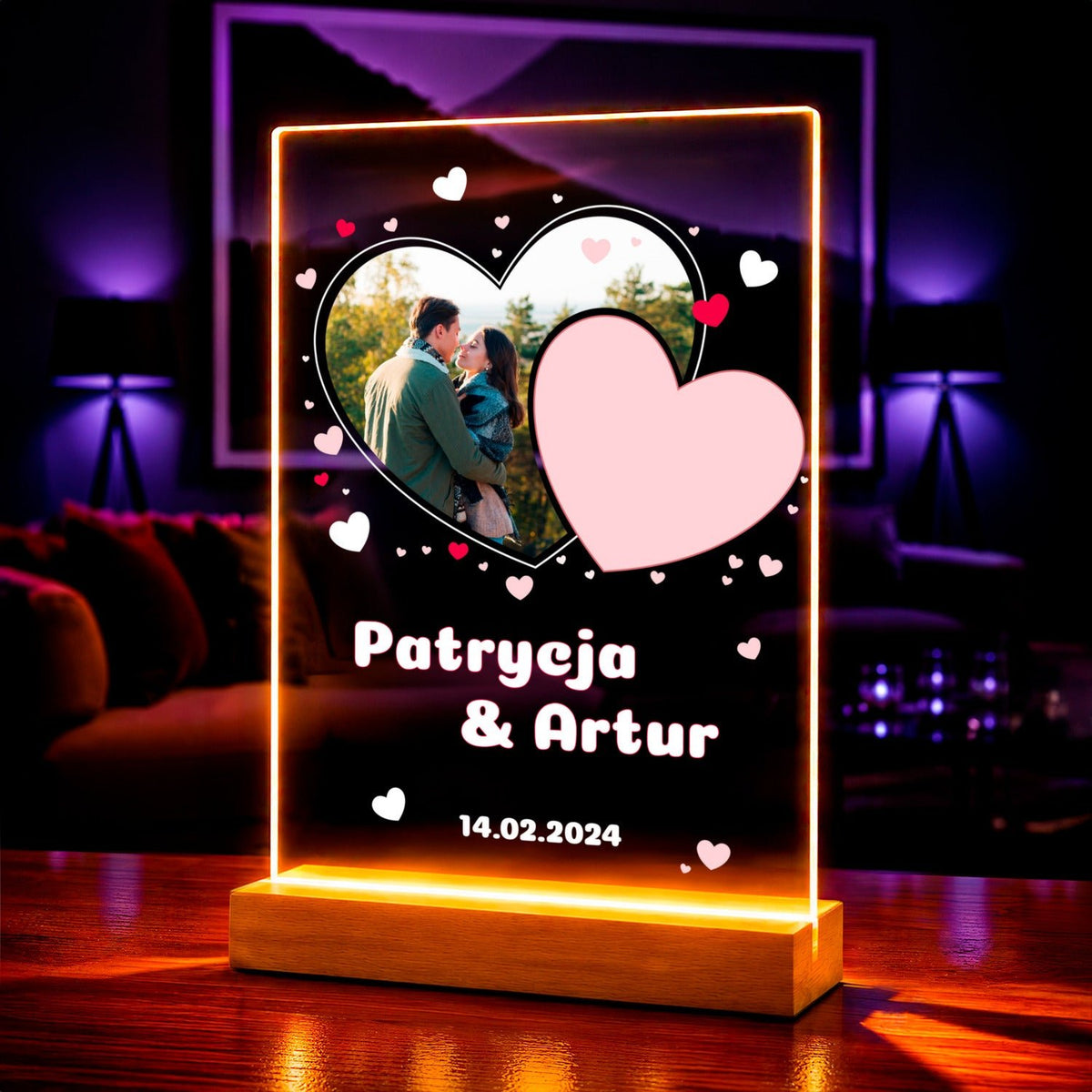 Fotografia w sercu + imiona - Druk na szkle, spersonalizowany prezent dla pary - Adamell.pl