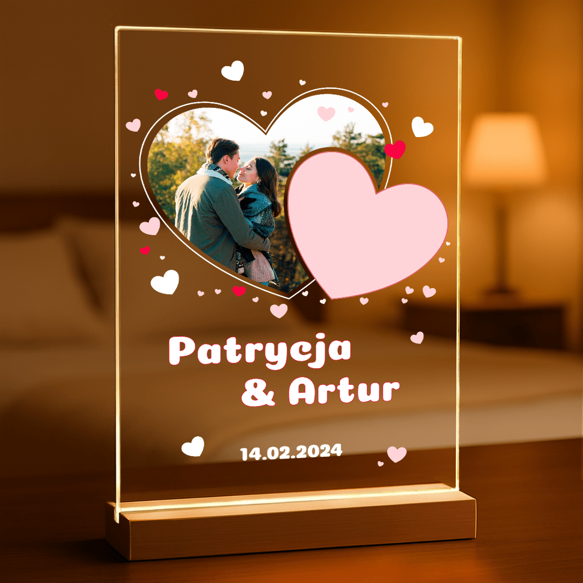 Fotografia w sercu + imiona - Druk na szkle, spersonalizowany prezent dla pary - Adamell.pl
