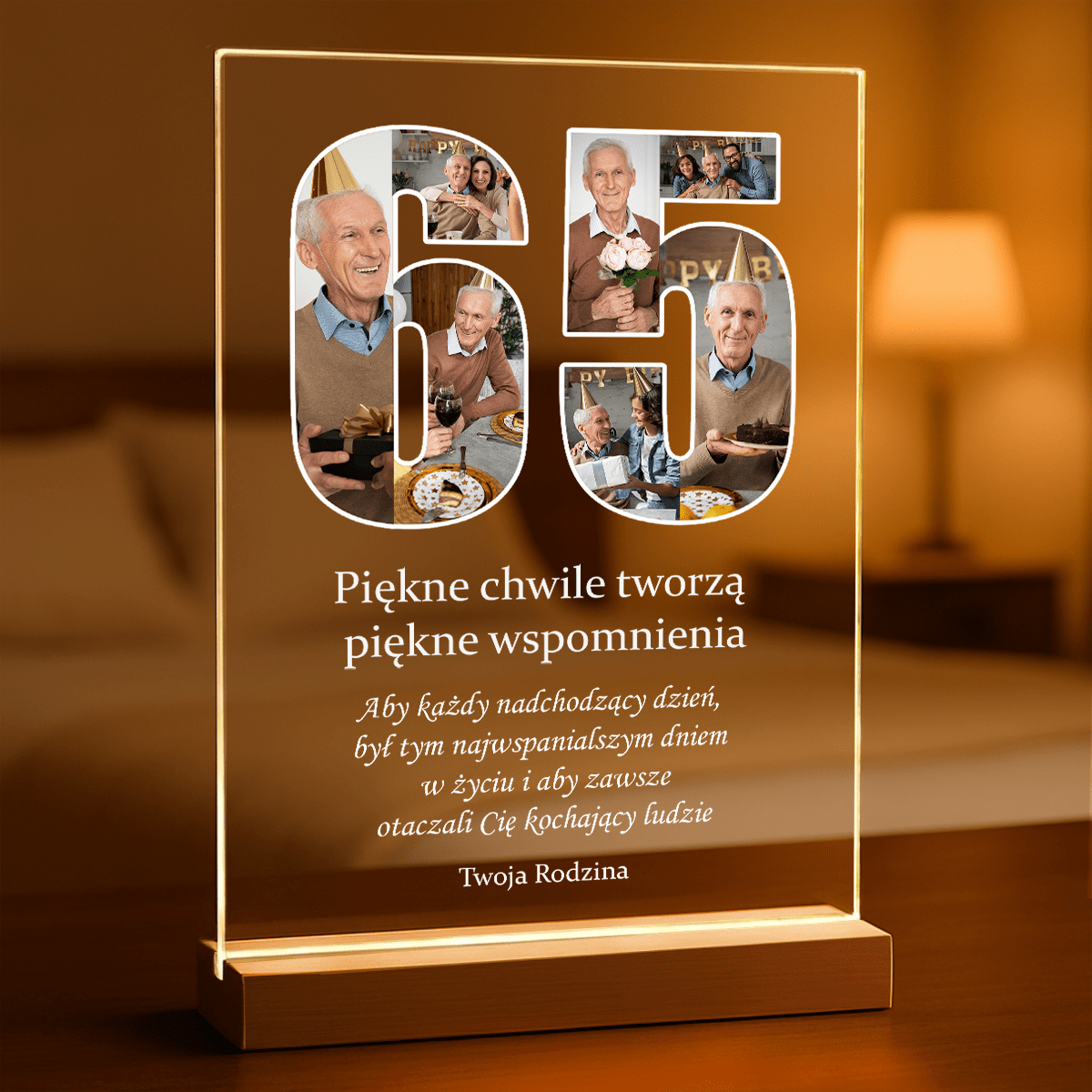 Fotokolaż 65 urodziny - Druk na szkle, spersonalizowany prezent - Adamell.pl