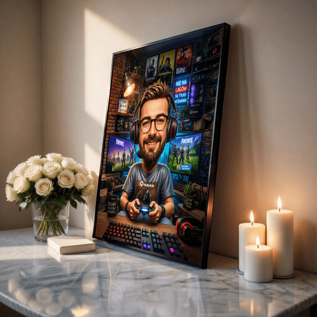 Gracz karykatura - plakat, spersonalizowany prezent dla niego - Adamell.pl