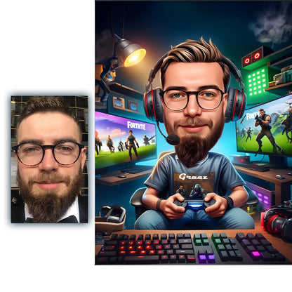 Gracz karykatura - plakat, spersonalizowany prezent dla niego - Adamell.pl